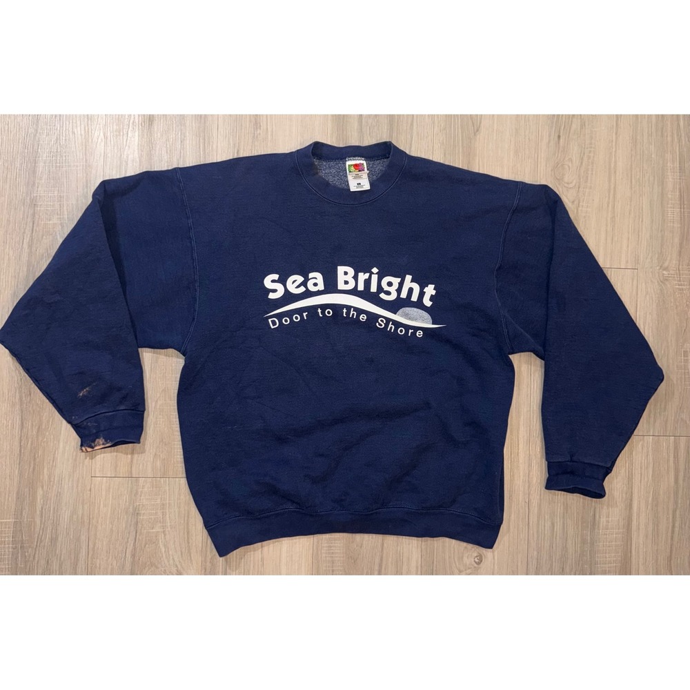 Vintage Fruit of the Loom Sea Bright Sweatshirt Navy Blue Distressed Large